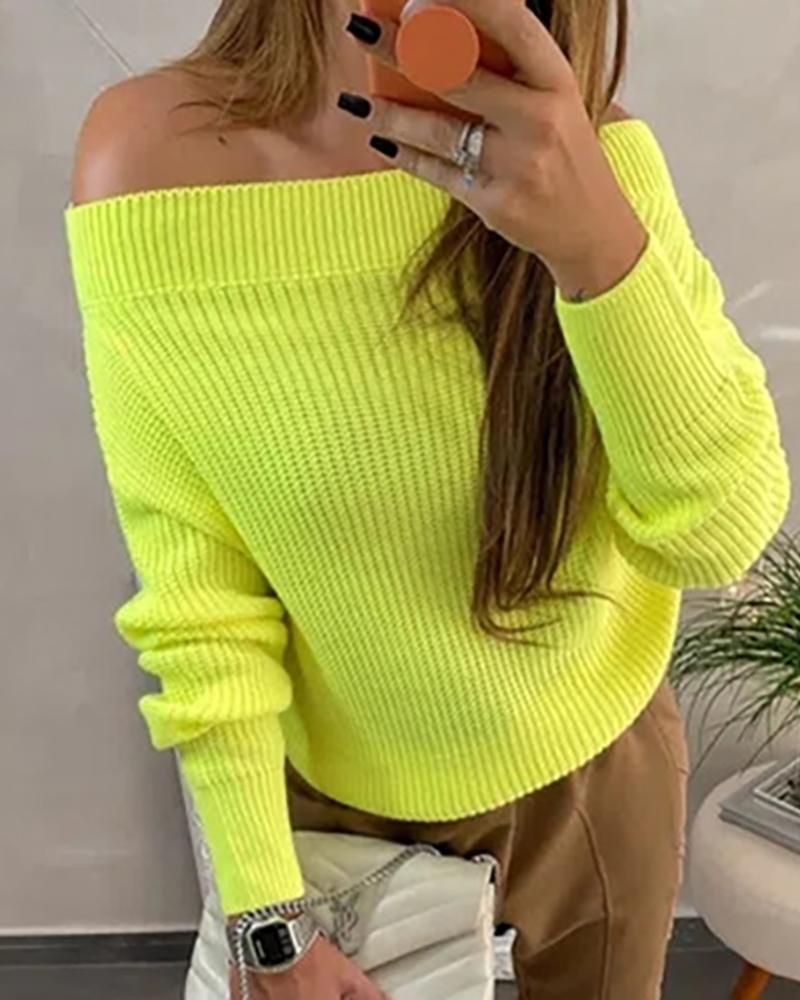 

Off Shoulder Solid Long Sleeve Sweater, Yellow