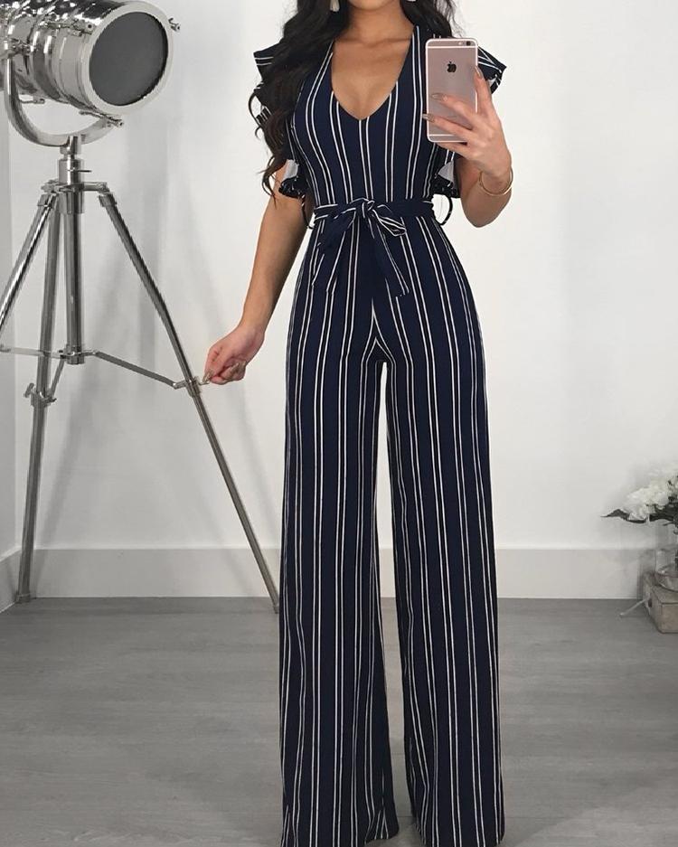 

Ruffled Deep V Tied Waist Stripes Jumpsuit