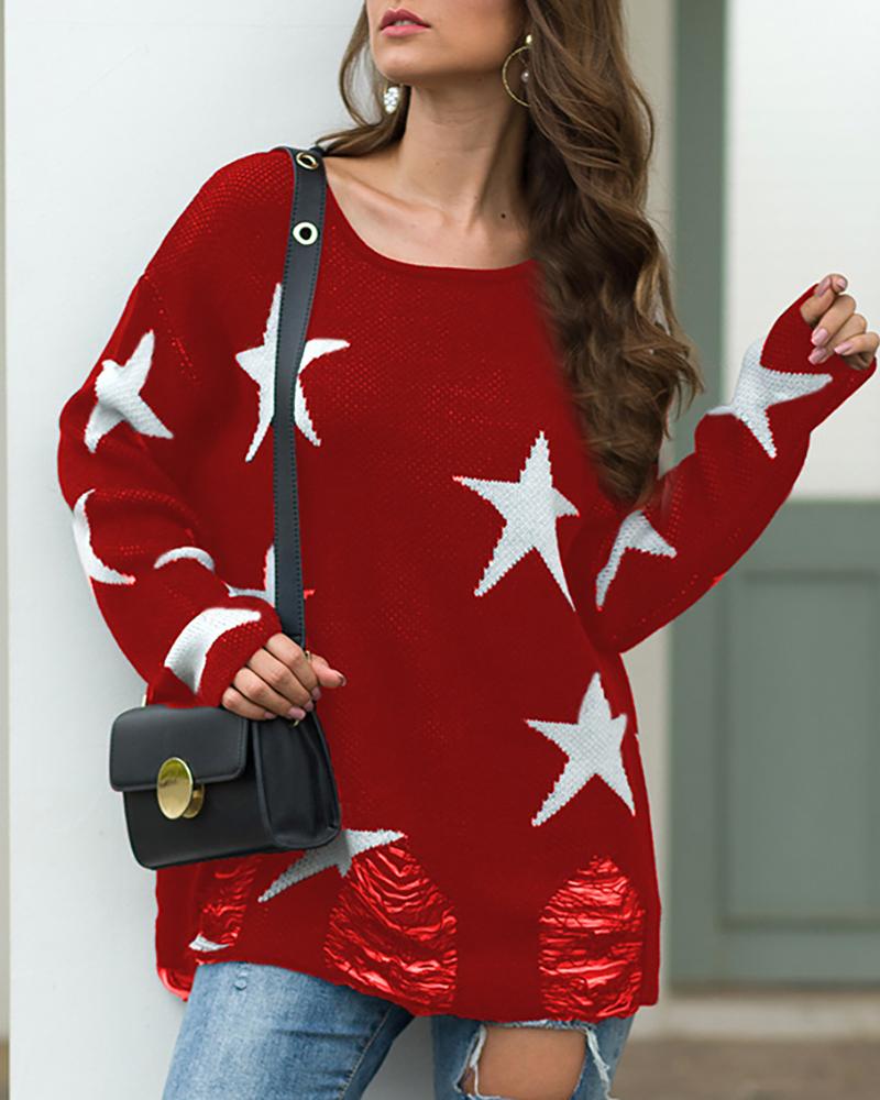 

Star Print Knitted Casual Sweater, Red
