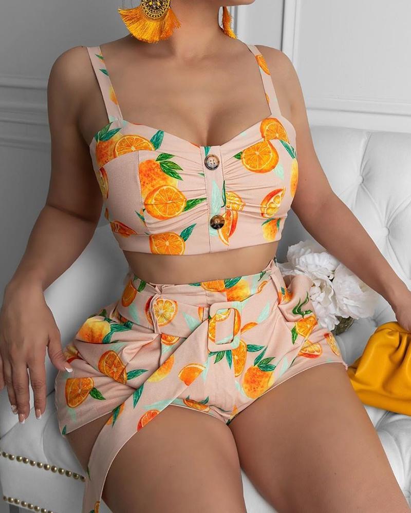 

Fruit Print Spaghetti Strap Twisted Top & Shorts Set, Pink