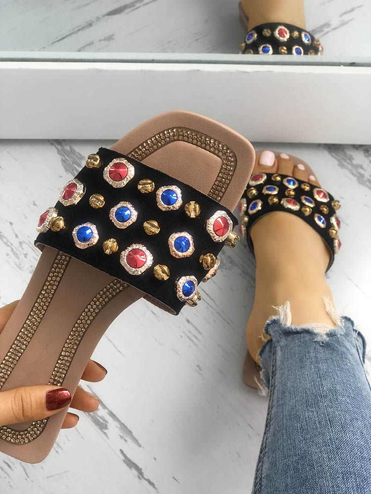 

Colorful Button Decorated Non-Slip Flat Sandals, Black