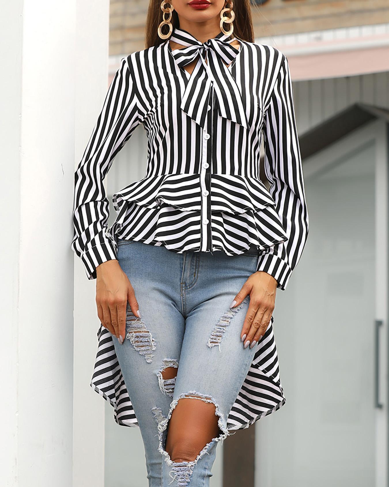 

Striped Ruffles Tied Neck Dip Hem Blouse, Black&white