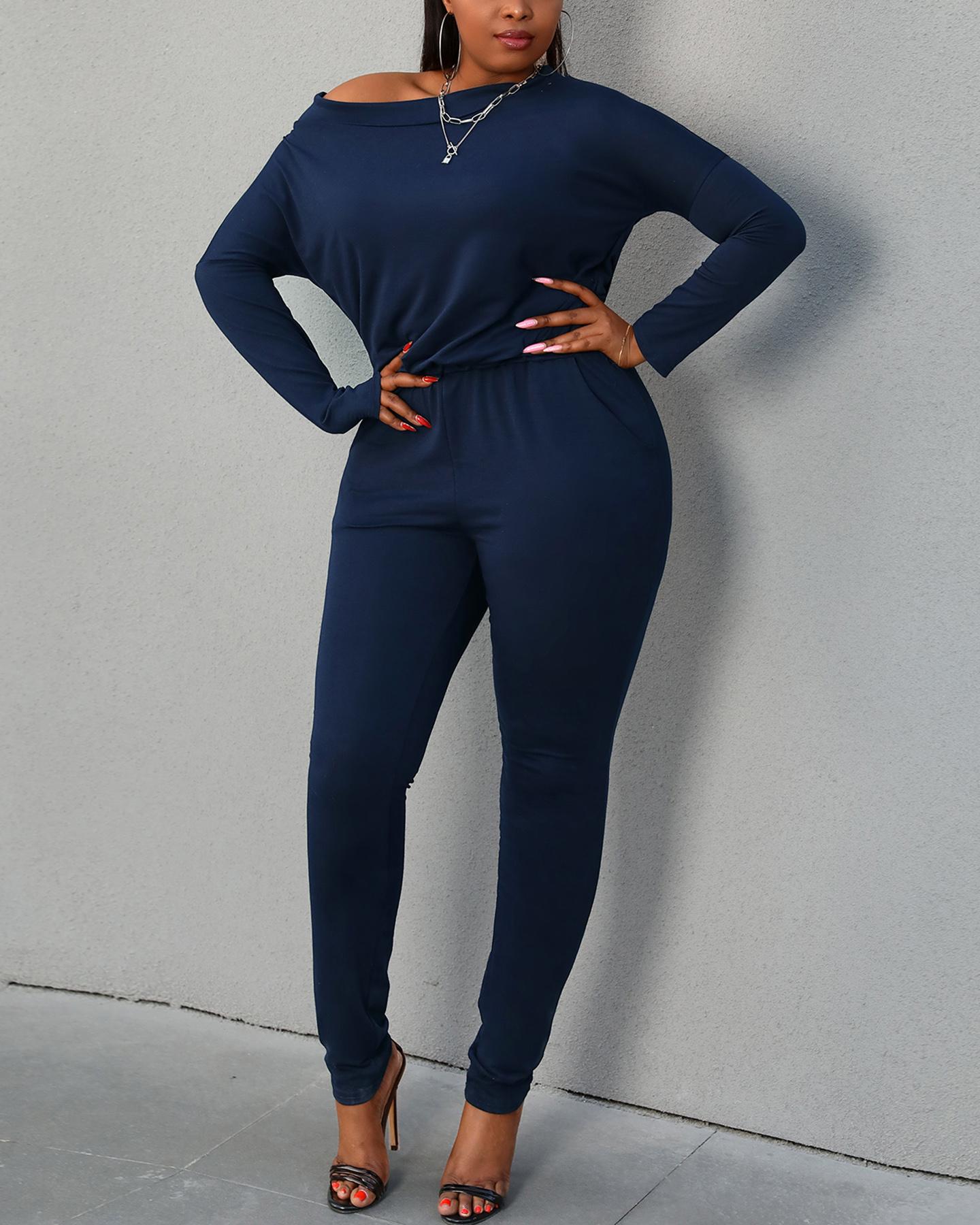 

Plain Long Sleeve Top & Pants Set, Dark blue