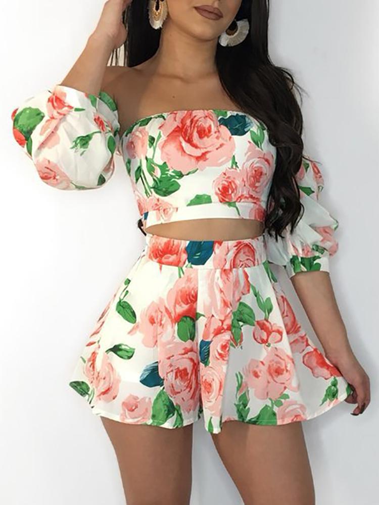 

Floral Print Lantern Sleeve Bardot Top & Shorts Sets, White
