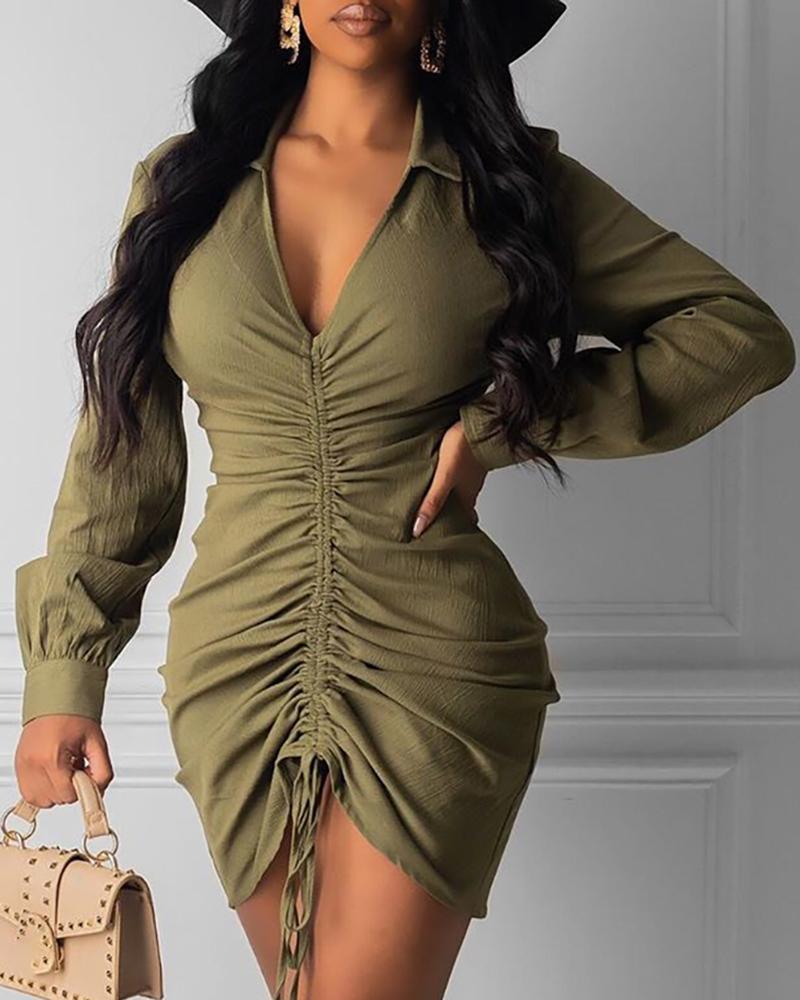 

Solid Ruched Irregular Bodycon Dress, Army green