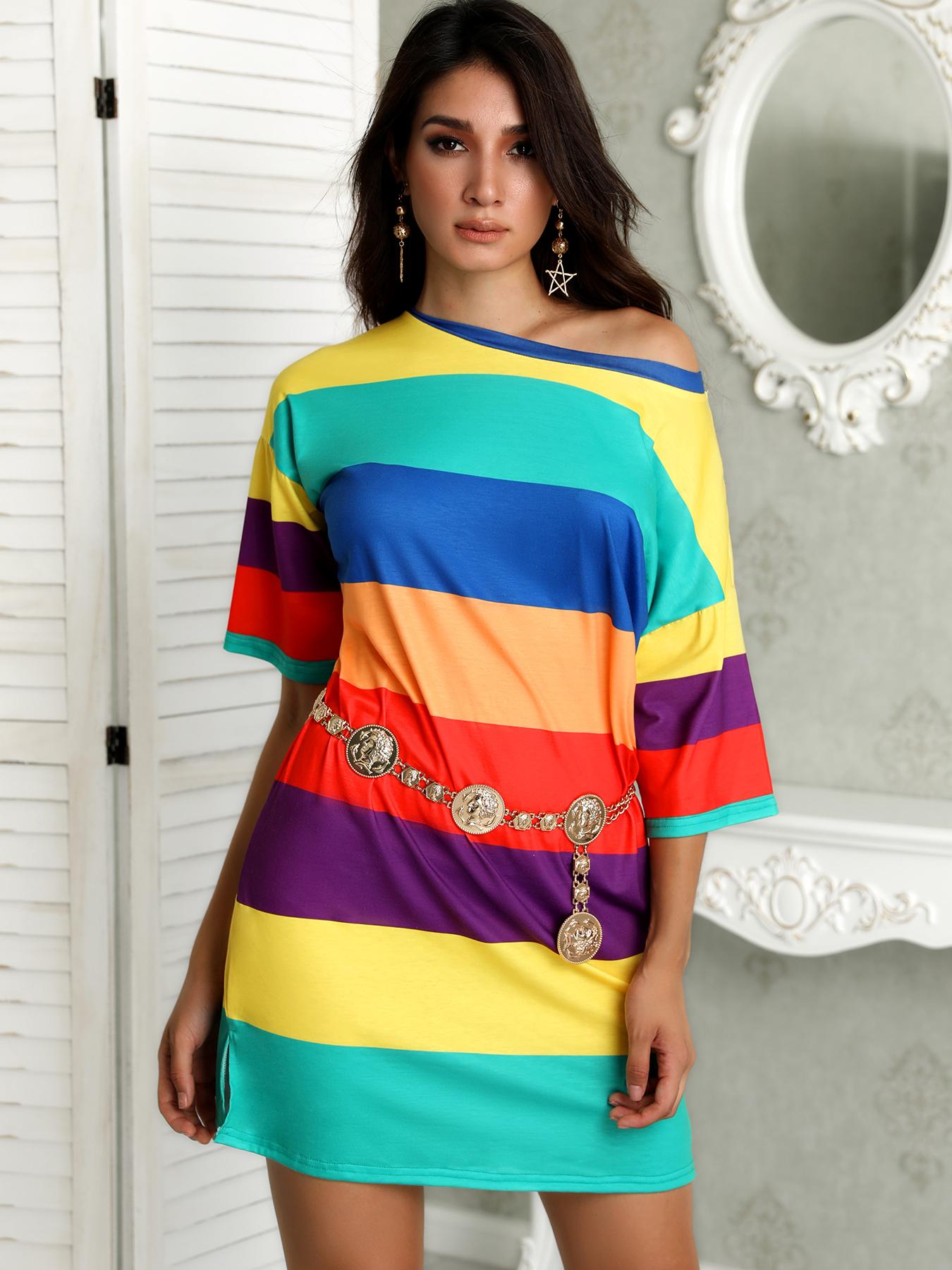 

Rainbow Color Striped Casual Dress