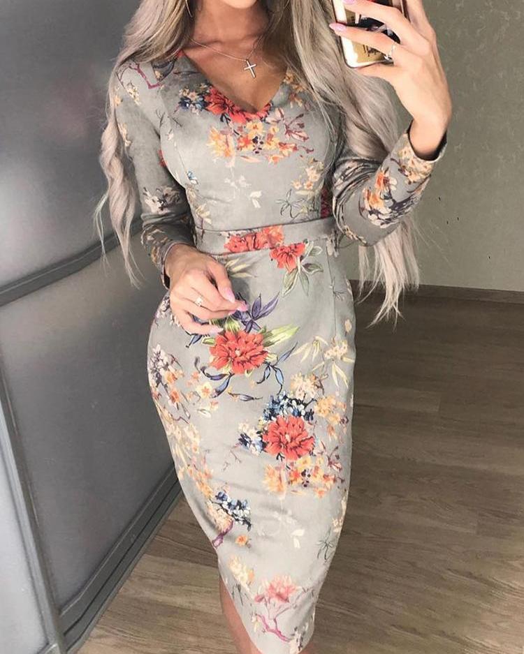 

Floral Print Long Sleeve Pencil Dress