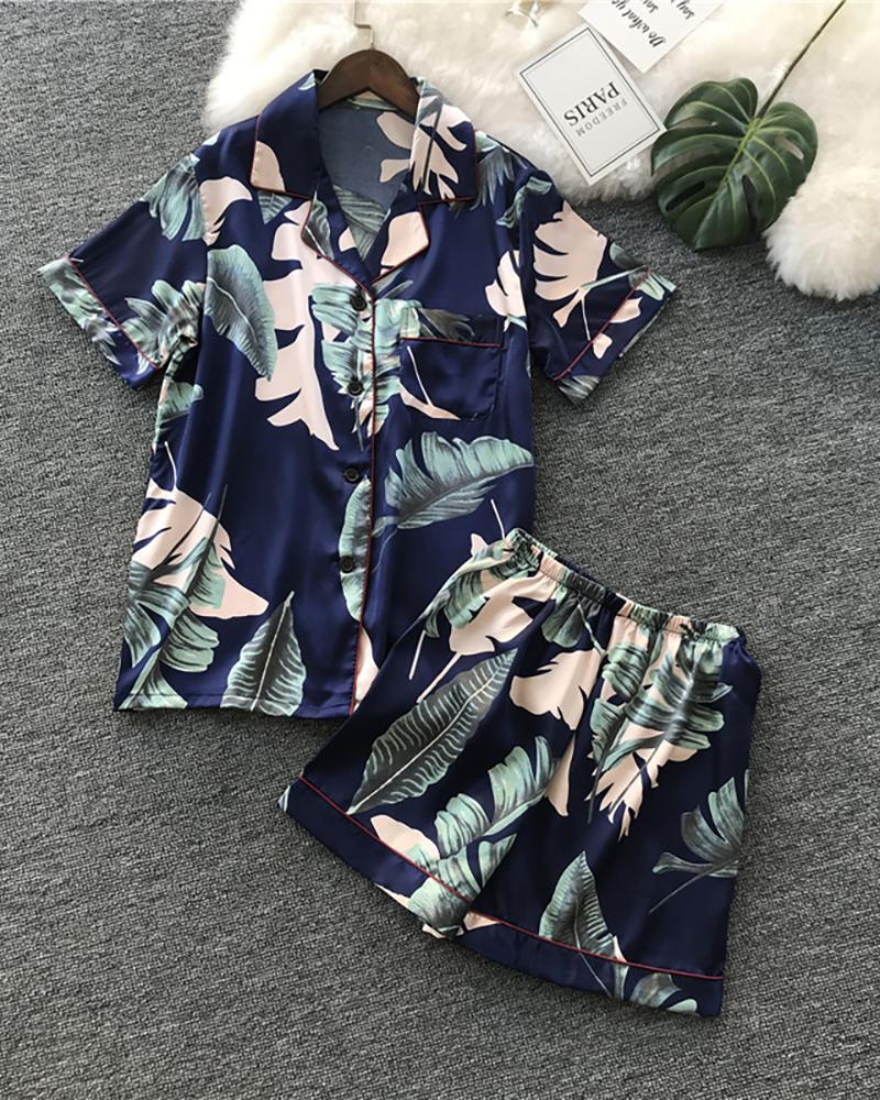 

Short Sleeve Print Pajamas Set, Dark blue