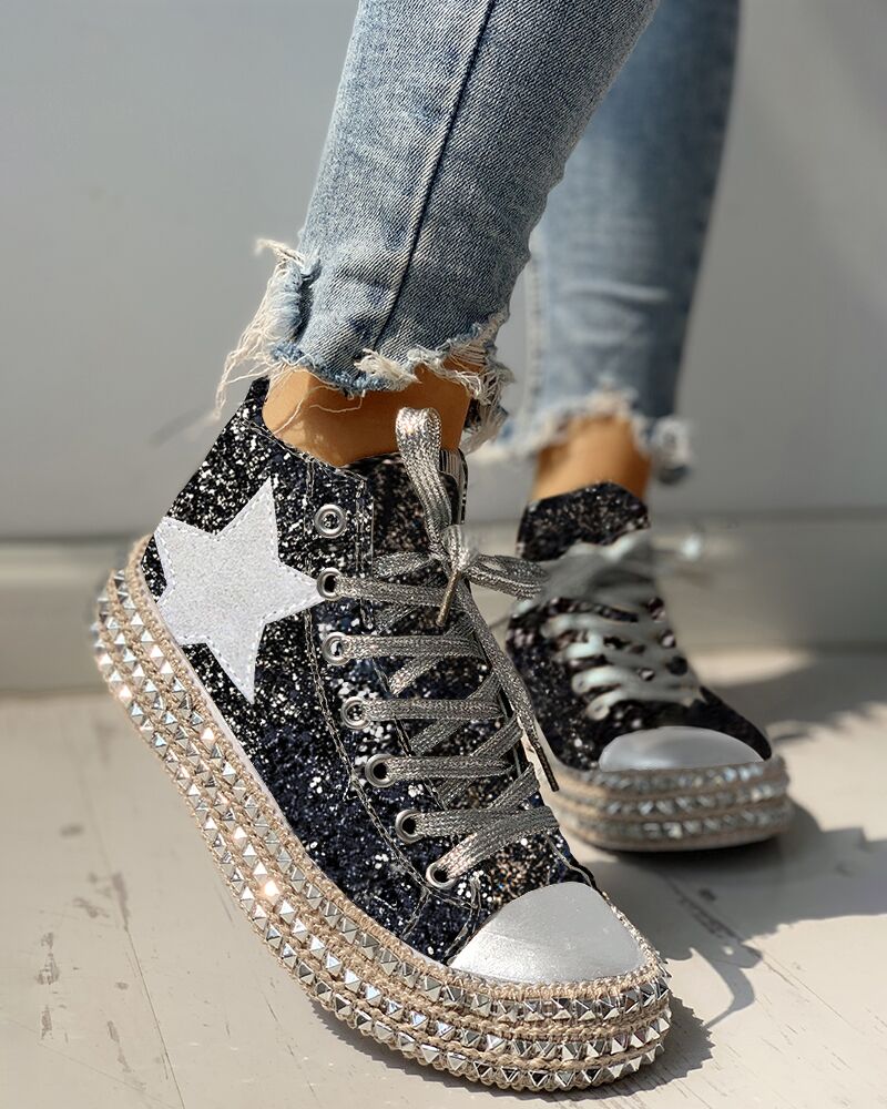 

Sequins Rivet Embellished Lace-Up Sneakers, Black