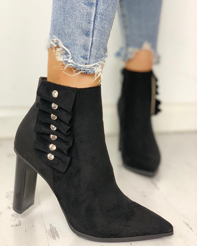 

Suede Pointed Toe Chunky Heeled Boots, Black