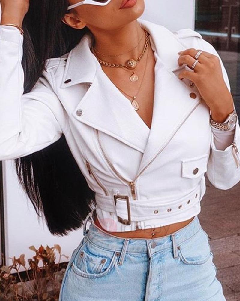 

Zipper Design Solid Leather PU Jacket, White