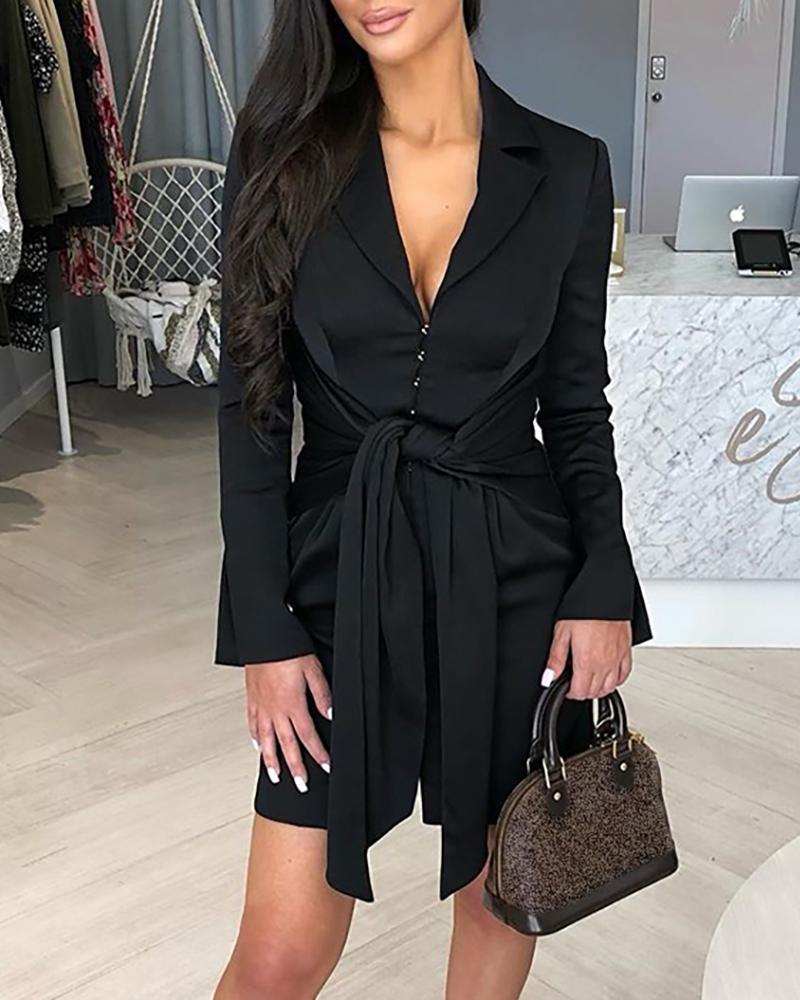 

Solid Notched Collar Long Sleeve Ruched Tied Dress, Black