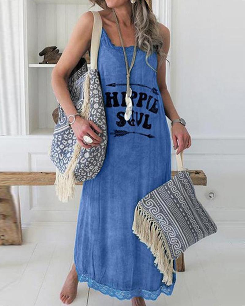 

Fashion women round neck lace sleeveless print maxi dress, Blue