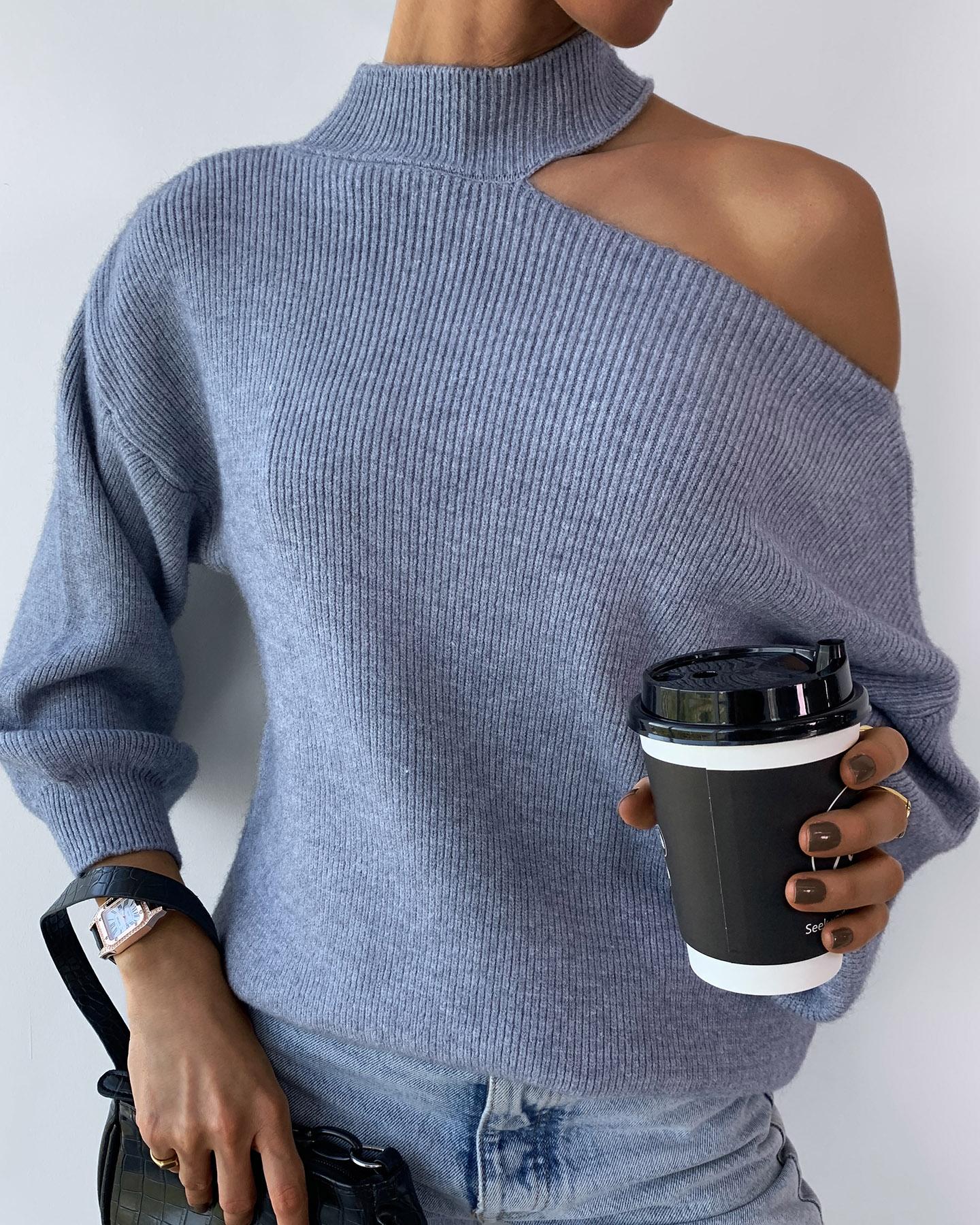 

One Shoulder Knit Long Sleeve Sweater, Gray