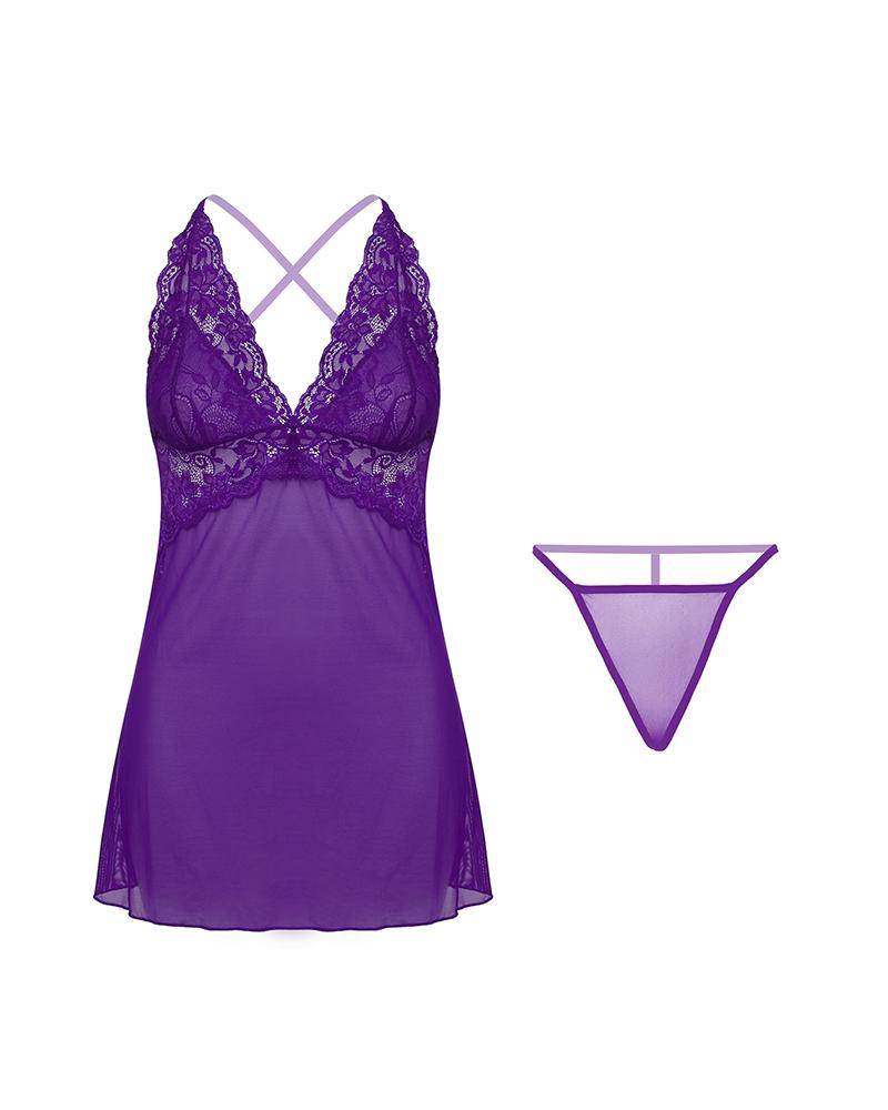 

Scallop Trim Backless Eyelashl Lace Babydoll, Purple