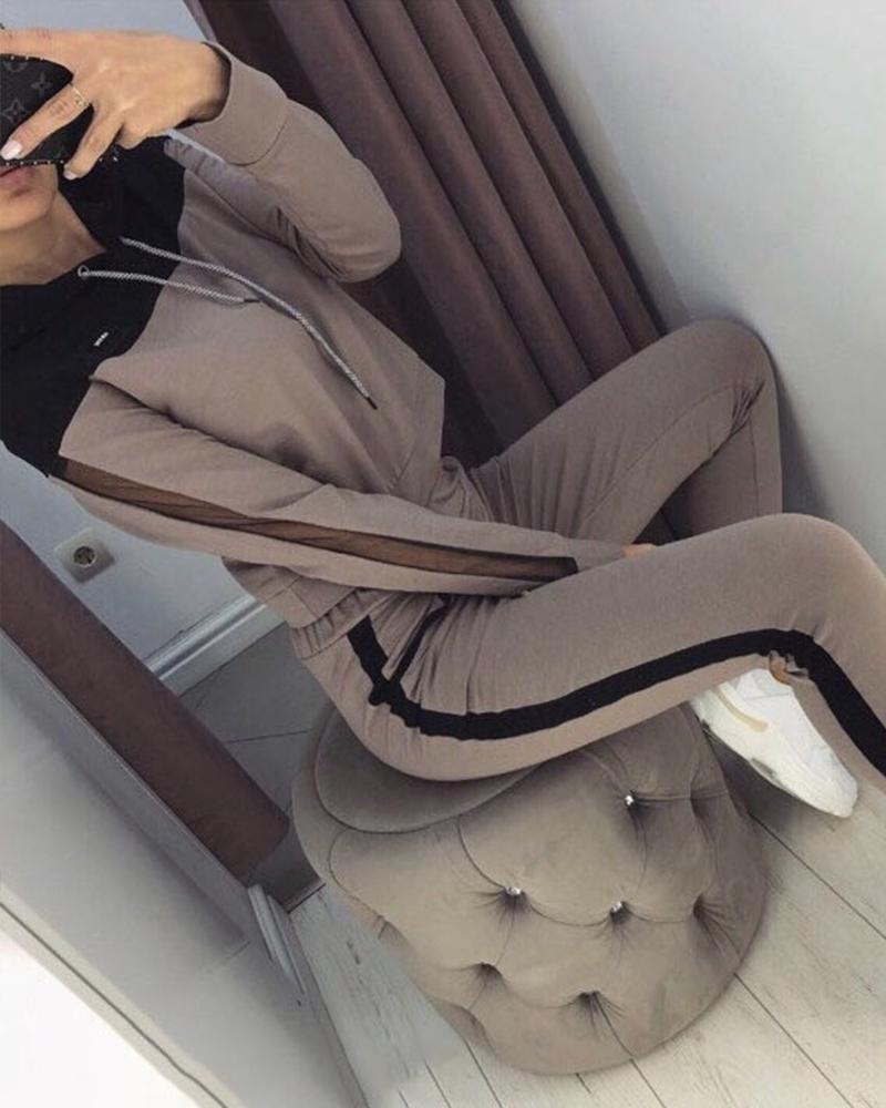 

Color Block Long Sleeve Suit Sets, Coffee