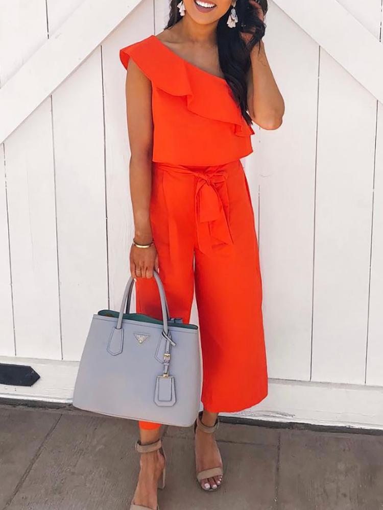 

Flounce One Shoulder Tie Waist Casual Jumpsuit, Orange