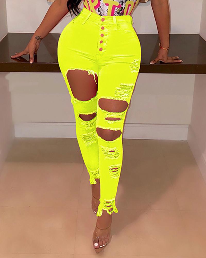 

Slim Ripped Hole High Waist Pencil Pants, Yellow