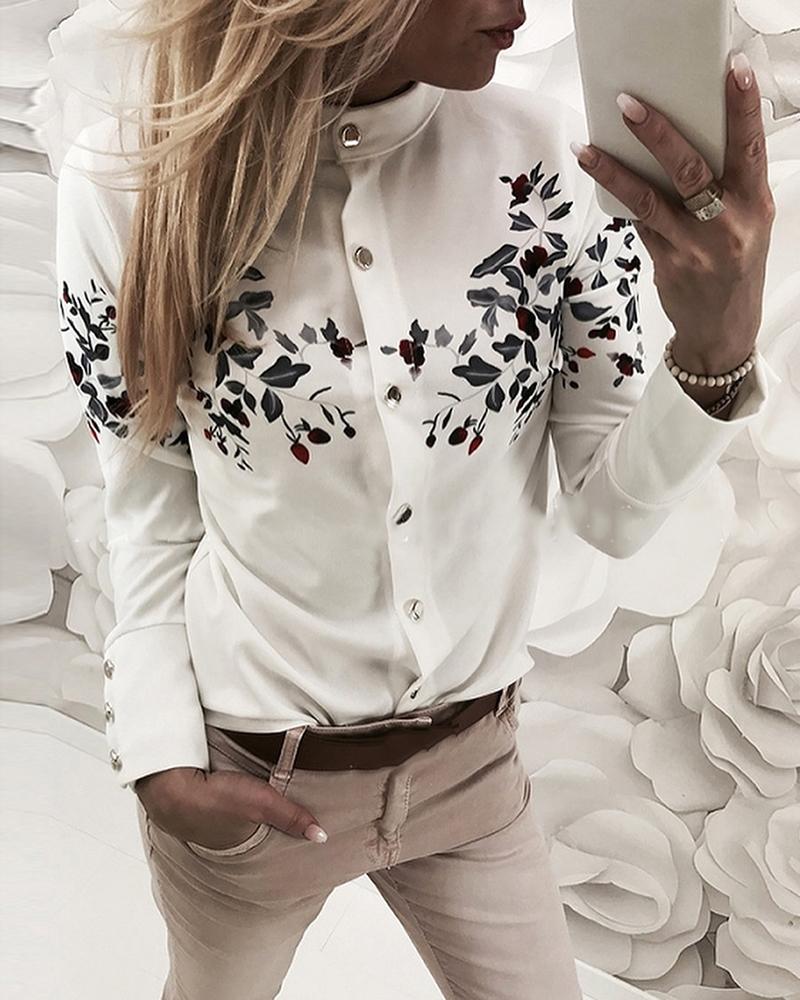 

Print Design Buttoned Long Sleeve Casual Blouse, White
