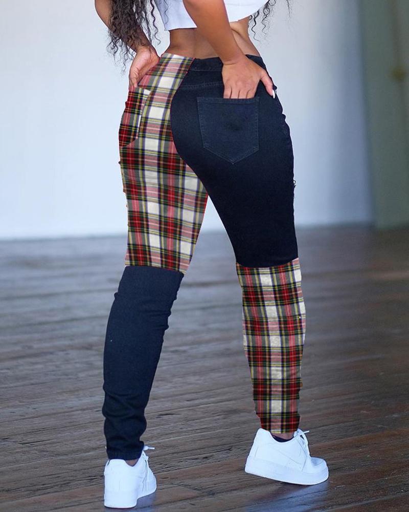 

Plaid Print Colorblock Casual Pants, White