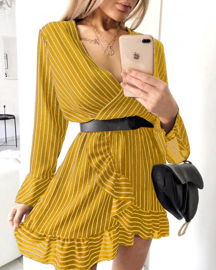 

Ruffle Hem Striped Wrap Dress, Yellow