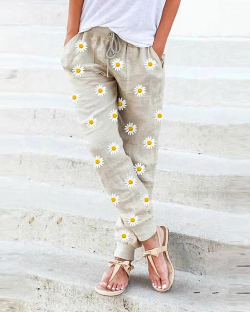 

Daisy Print Elastic Waist Pants, White