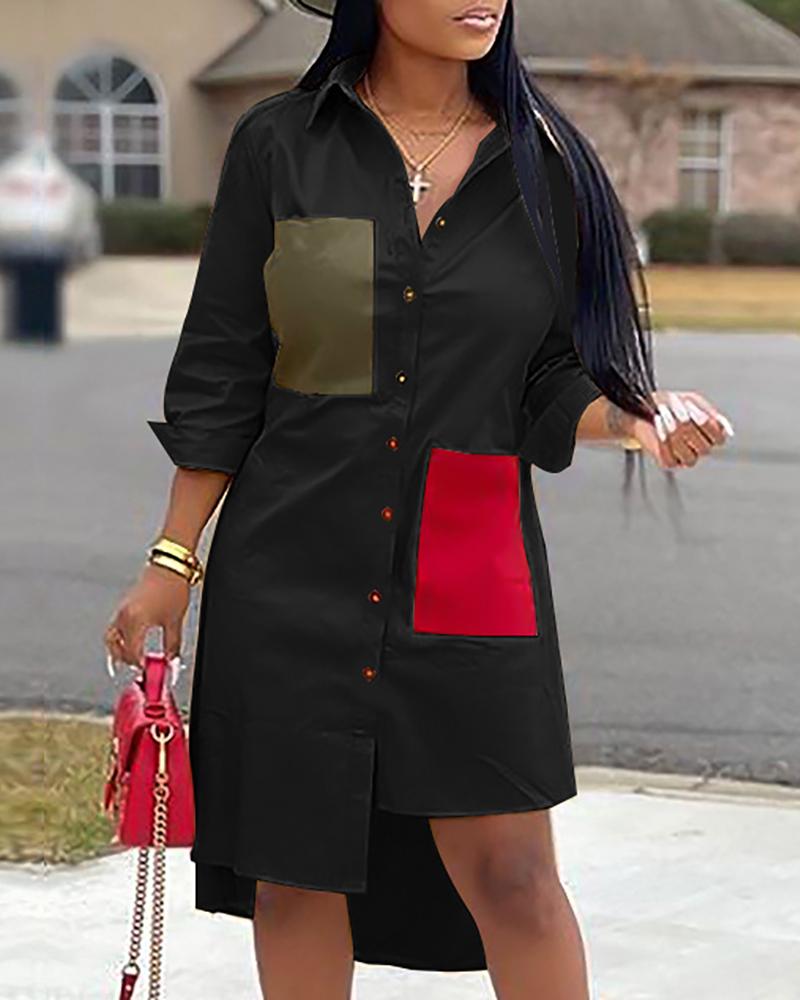 

Colorblock Irregular Hem Shirt Dress, Black