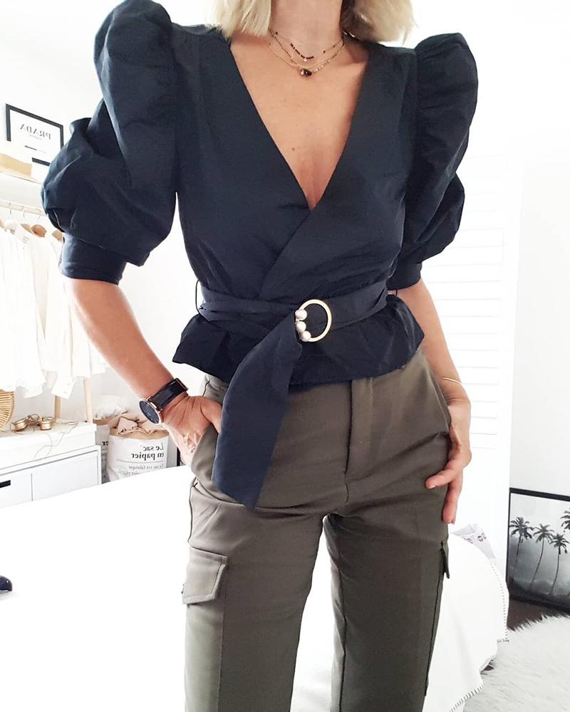 

Solid Color Puff Sleeve V-neck Tie Belt Top, Dark blue