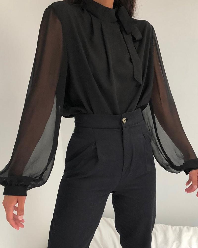 

Tie Neck Sheer Mesh Lantern Sleeve Blouse, Black