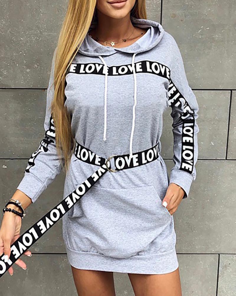 

Hooded Drawstring Letter Colorblock Tape Insert Sweatshirt Dress, Gray