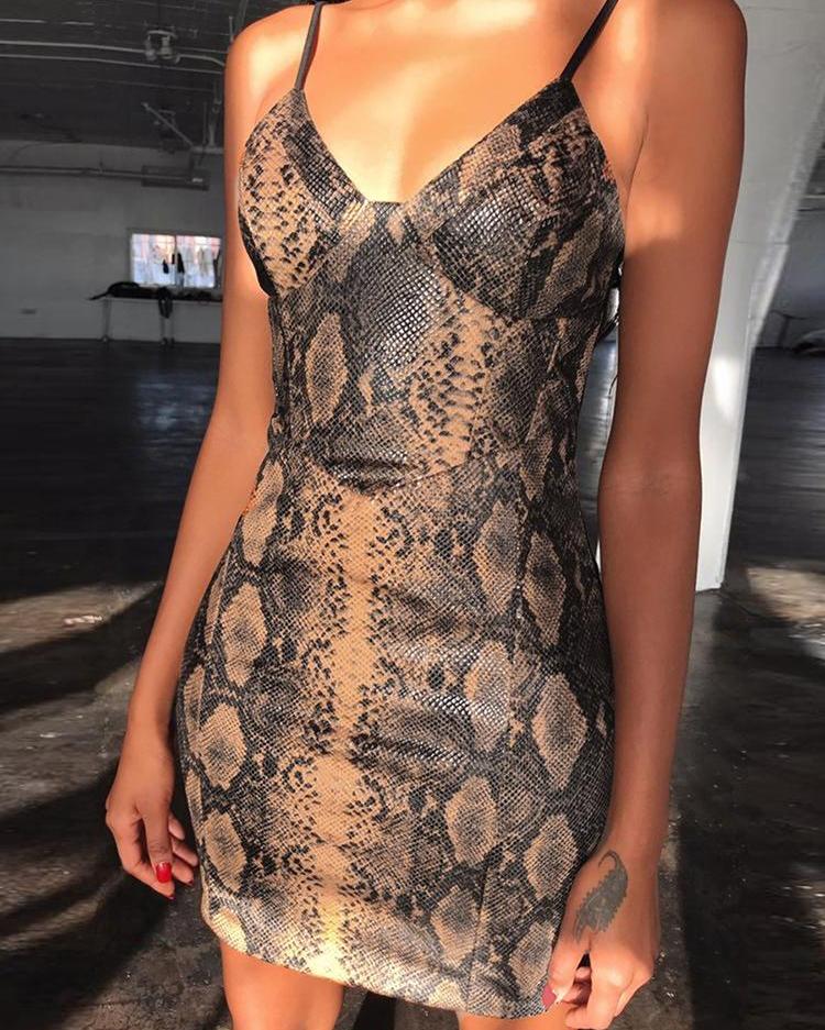

Spaghetti Strap Snakeskin Print Bodycon Dress, Gold