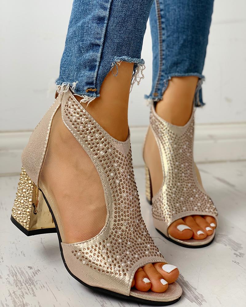 

Peep Toe Mesh Insert Studded Chunky Sandals, Gold