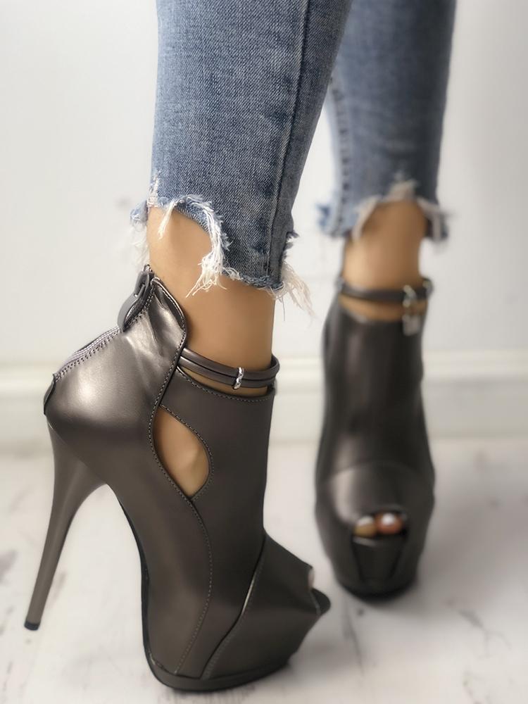 

Solid Cut Out Platform Thin Heeled Sandals, Dark grey