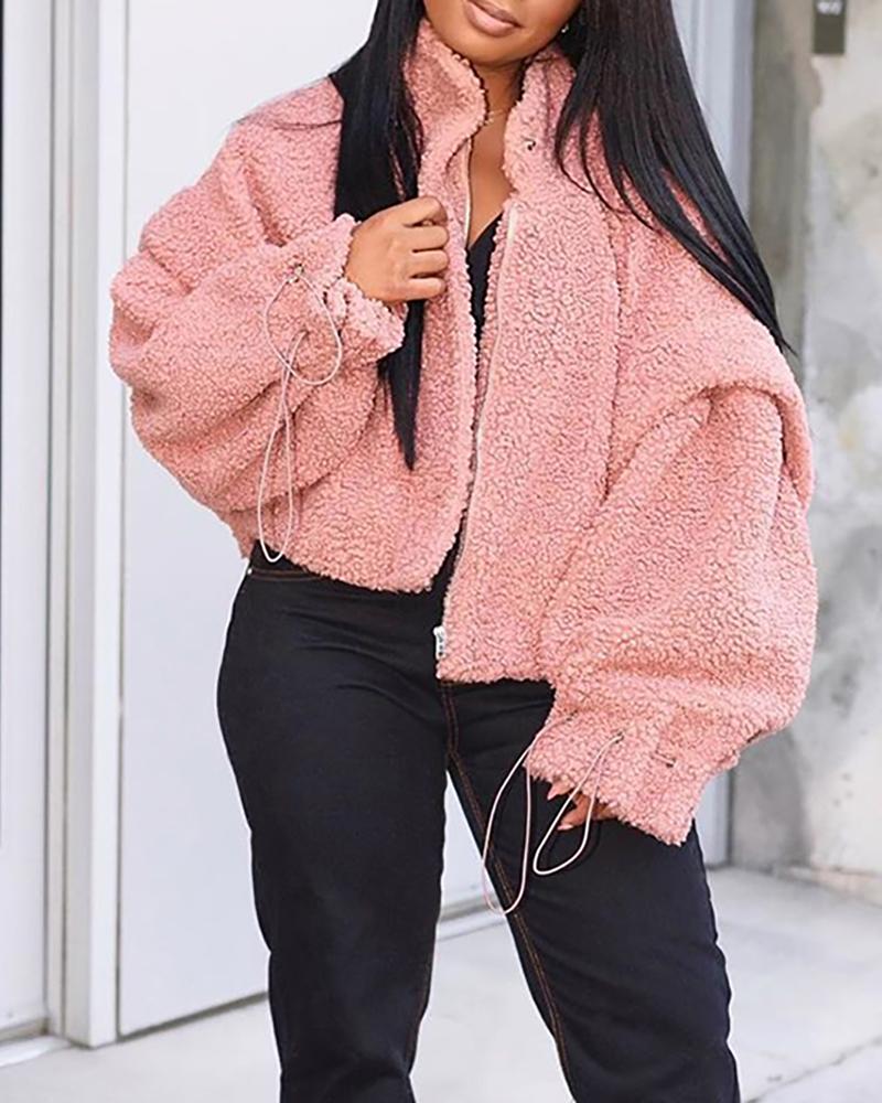 

Solid Zipped Long Sleeve Fluffy Coat