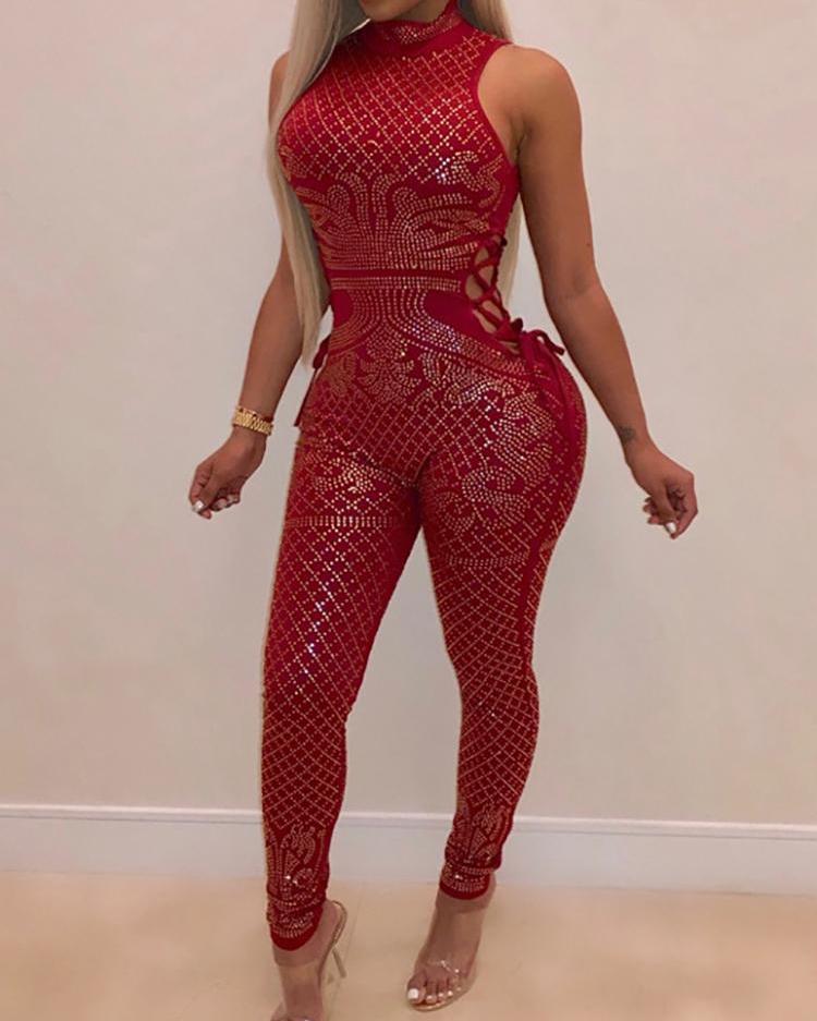 

Hot Stamping Lace Up Side Petite Jumpsuit, Red