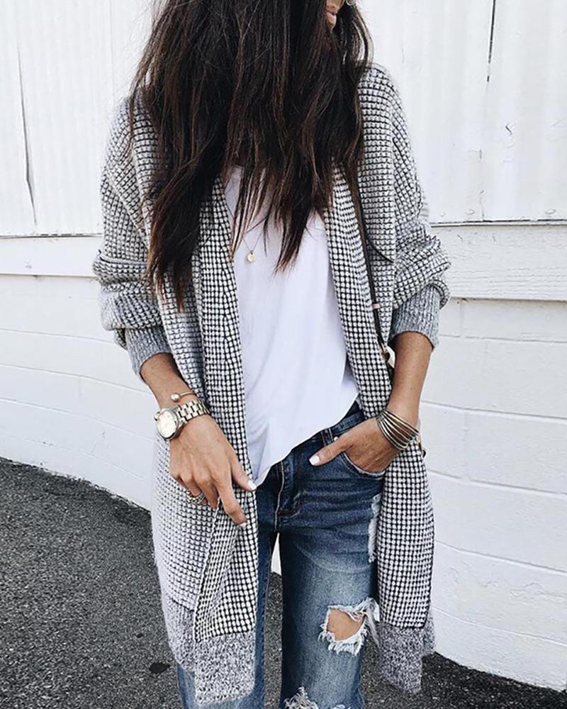 

Grid Long Sleeve Casual Longline Cardigan, Gray