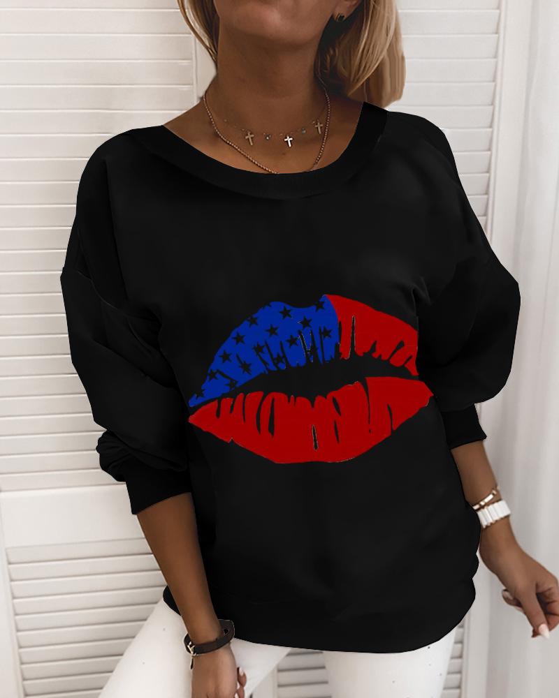 

Stars Print Lip Pattern Long Sleeve Casual Sweatshirt, Black