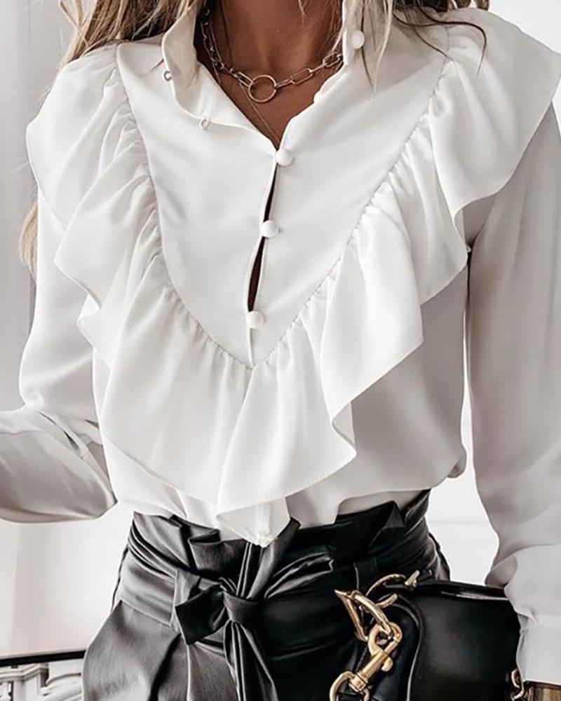 

Ruffles Button Design Long Sleeve Top, White