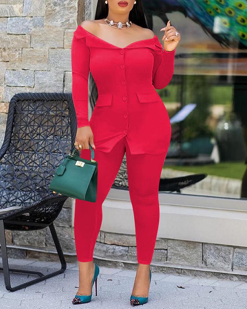 

Off Shoulder Long Sleeve Buttoned Top & Pants Sets, Red