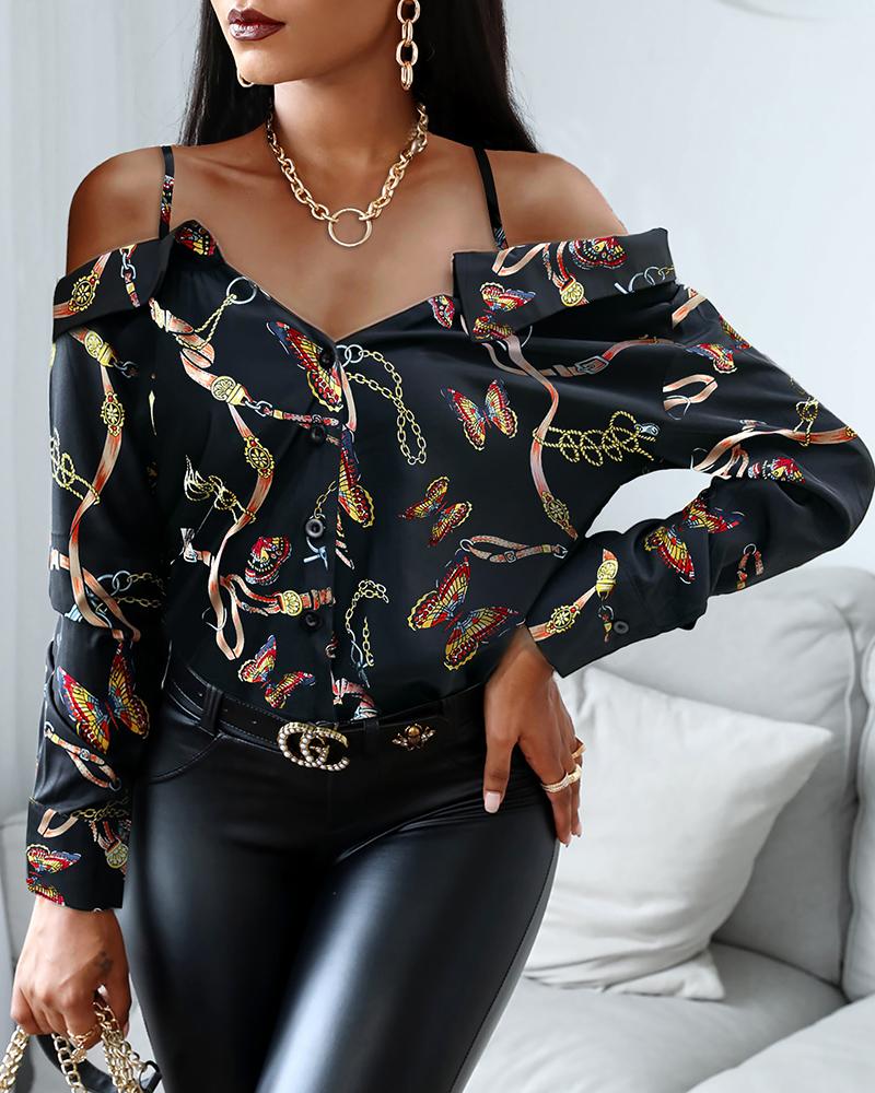 

Butterfly Chain Print Cold Shoulder Button Design Shirt, Black