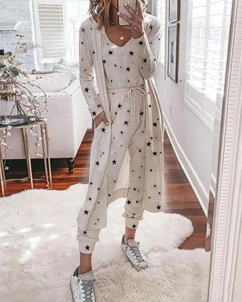 

V-neck Star Print Jumpsuit & Cardigan Set, Beige