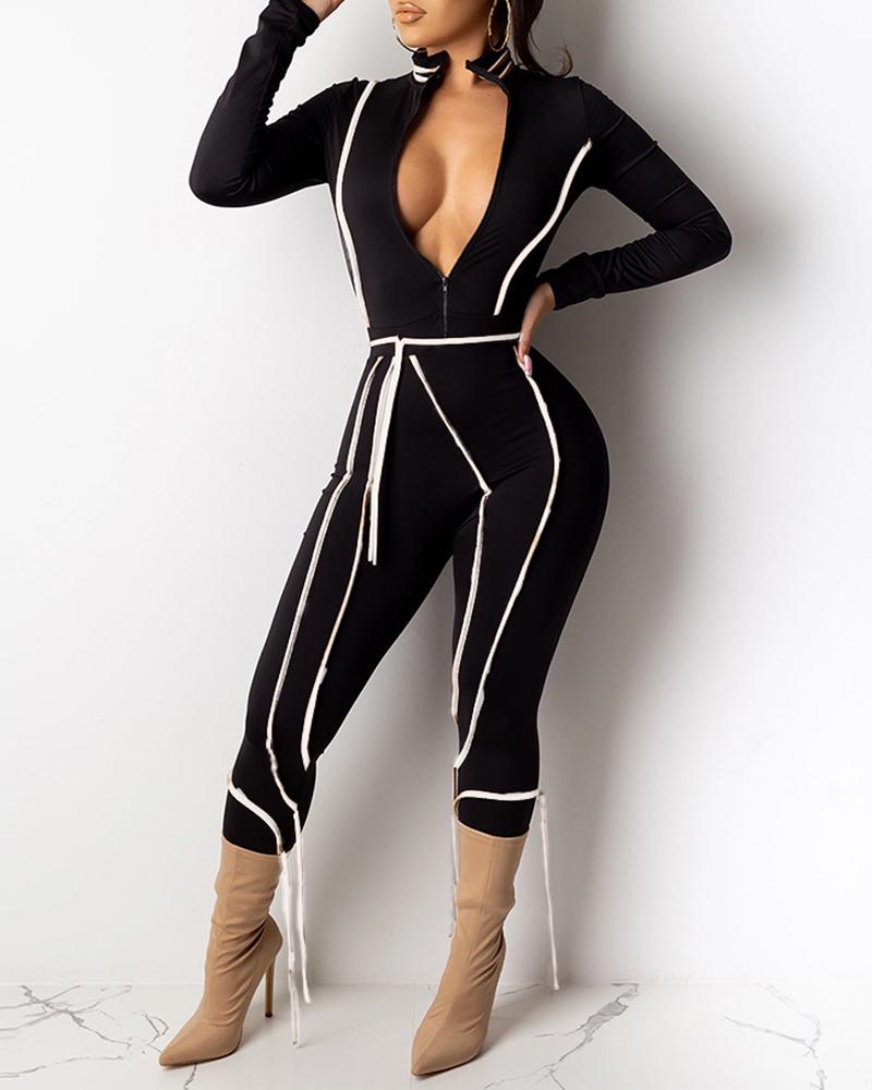 

Plunge Zipper Design Colorblock Striped Jumpsuit, Black