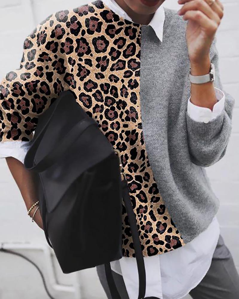 

Colorblock Leopard Print Knitting Sweater, Gray
