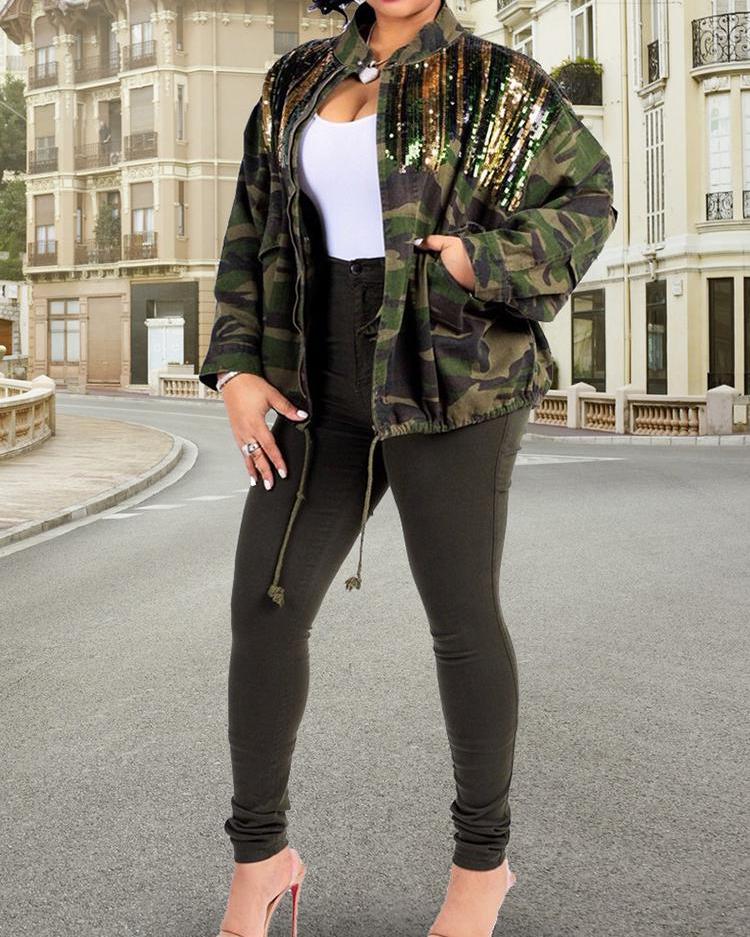 

Camo Print Sequin Patch Drawstring Coat, Army green