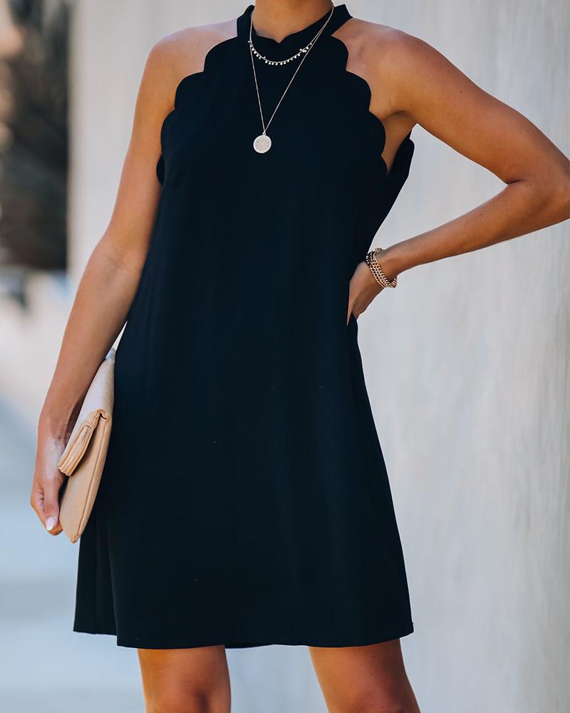 

Scalloped Trim Halter Neck Dress, Black