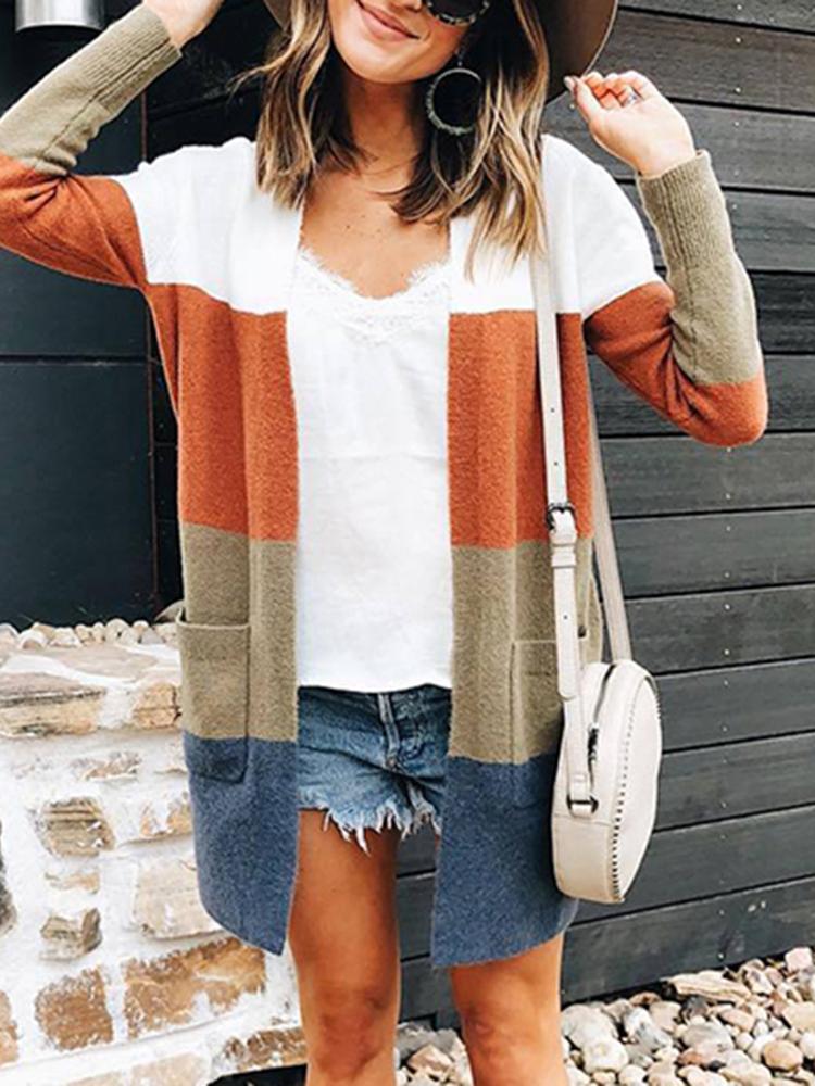 

Colorblock Striped Open Front Casual Cardigan