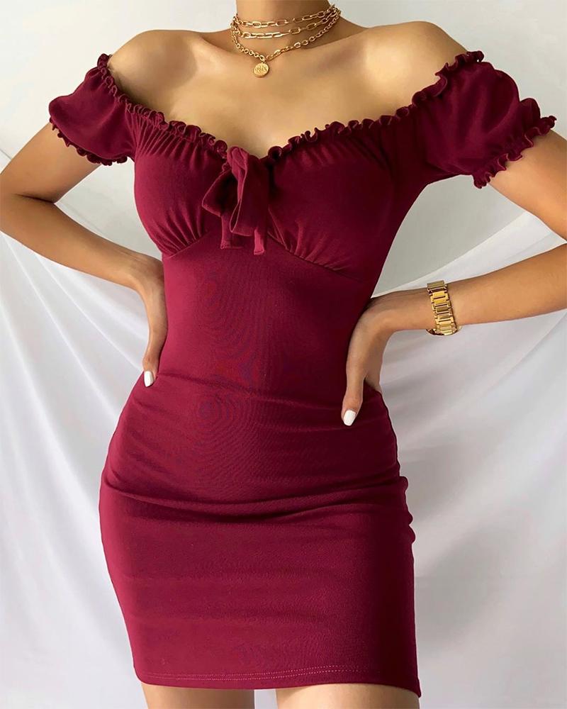

Off Shoulder Ruffle Trim Bodycon Dress, Wine red