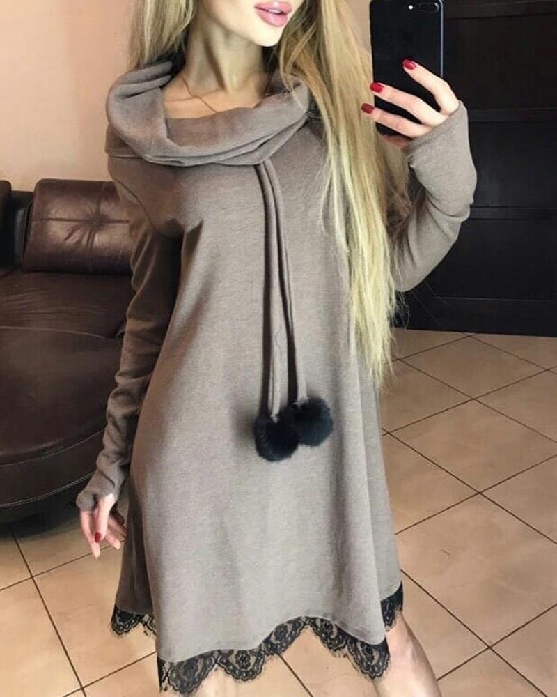 

Drawstring Design Pom Pom Eyelash Lace Insert Long Sleeve Sweatshirt Dress, Khaki