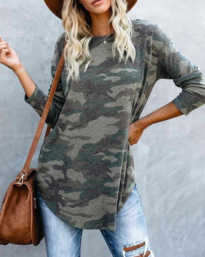

Oversized Camouflage Long Sleeve Top, Camoflage