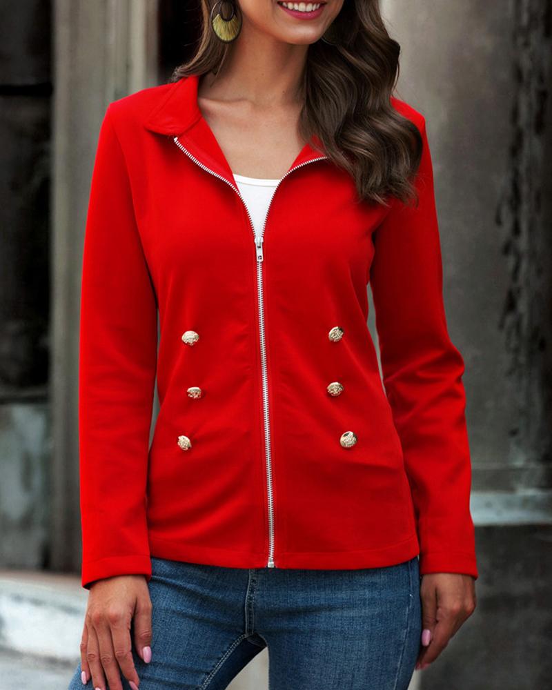 

Solid Zipper Long Sleeve Fitting Coats, Red